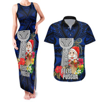 Custom Guam Christmas Couples Matching Tank Maxi Dress and Hawaiian Shirt Santa Gift Latte Stone and Sea Turle Mix Hibiscus Chamorro Blue Style LT03 Blue - Polynesian Pride