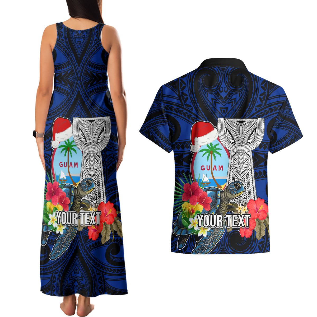 Custom Guam Christmas Couples Matching Tank Maxi Dress and Hawaiian Shirt Santa Gift Latte Stone and Sea Turle Mix Hibiscus Chamorro Blue Style LT03 - Polynesian Pride