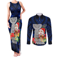 Custom Guam Christmas Couples Matching Tank Maxi Dress and Long Sleeve Button Shirt Santa Gift Latte Stone and Sea Turle Mix Hibiscus Chamorro Blue Style LT03 Blue - Polynesian Pride
