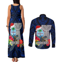 Custom Guam Christmas Couples Matching Tank Maxi Dress and Long Sleeve Button Shirt Santa Gift Latte Stone and Sea Turle Mix Hibiscus Chamorro Blue Style LT03 - Polynesian Pride