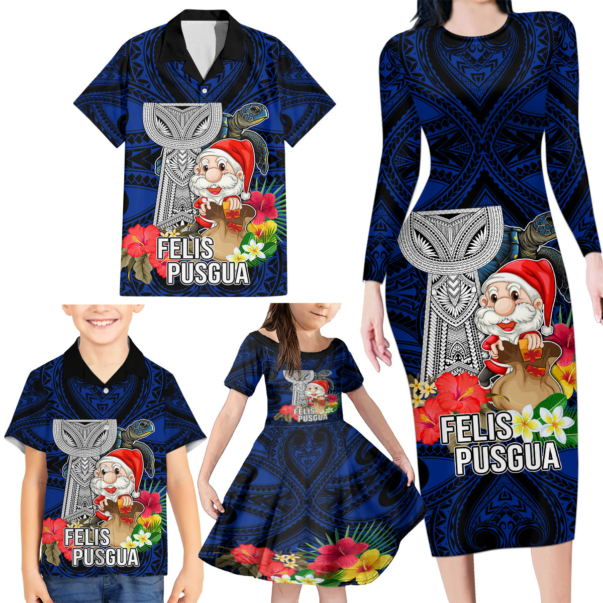 Custom Guam Christmas Family Matching Long Sleeve Bodycon Dress and Hawaiian Shirt Santa Gift Latte Stone and Sea Turle Mix Hibiscus Chamorro Blue Style LT03 - Polynesian Pride