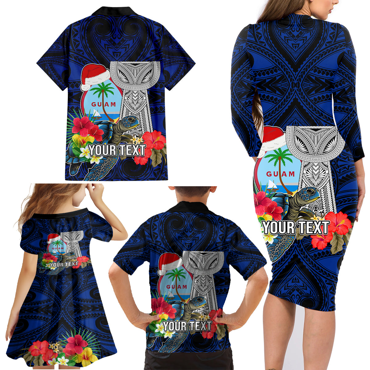 Custom Guam Christmas Family Matching Long Sleeve Bodycon Dress and Hawaiian Shirt Santa Gift Latte Stone and Sea Turle Mix Hibiscus Chamorro Blue Style LT03 - Polynesian Pride