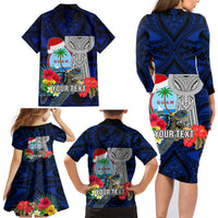 Custom Guam Christmas Family Matching Long Sleeve Bodycon Dress and Hawaiian Shirt Santa Gift Latte Stone and Sea Turle Mix Hibiscus Chamorro Blue Style LT03 - Polynesian Pride