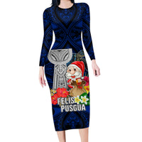 Custom Guam Christmas Family Matching Long Sleeve Bodycon Dress and Hawaiian Shirt Santa Gift Latte Stone and Sea Turle Mix Hibiscus Chamorro Blue Style LT03 Mom's Dress Blue - Polynesian Pride