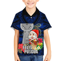 Custom Guam Christmas Family Matching Long Sleeve Bodycon Dress and Hawaiian Shirt Santa Gift Latte Stone and Sea Turle Mix Hibiscus Chamorro Blue Style LT03 Son's Shirt Blue - Polynesian Pride
