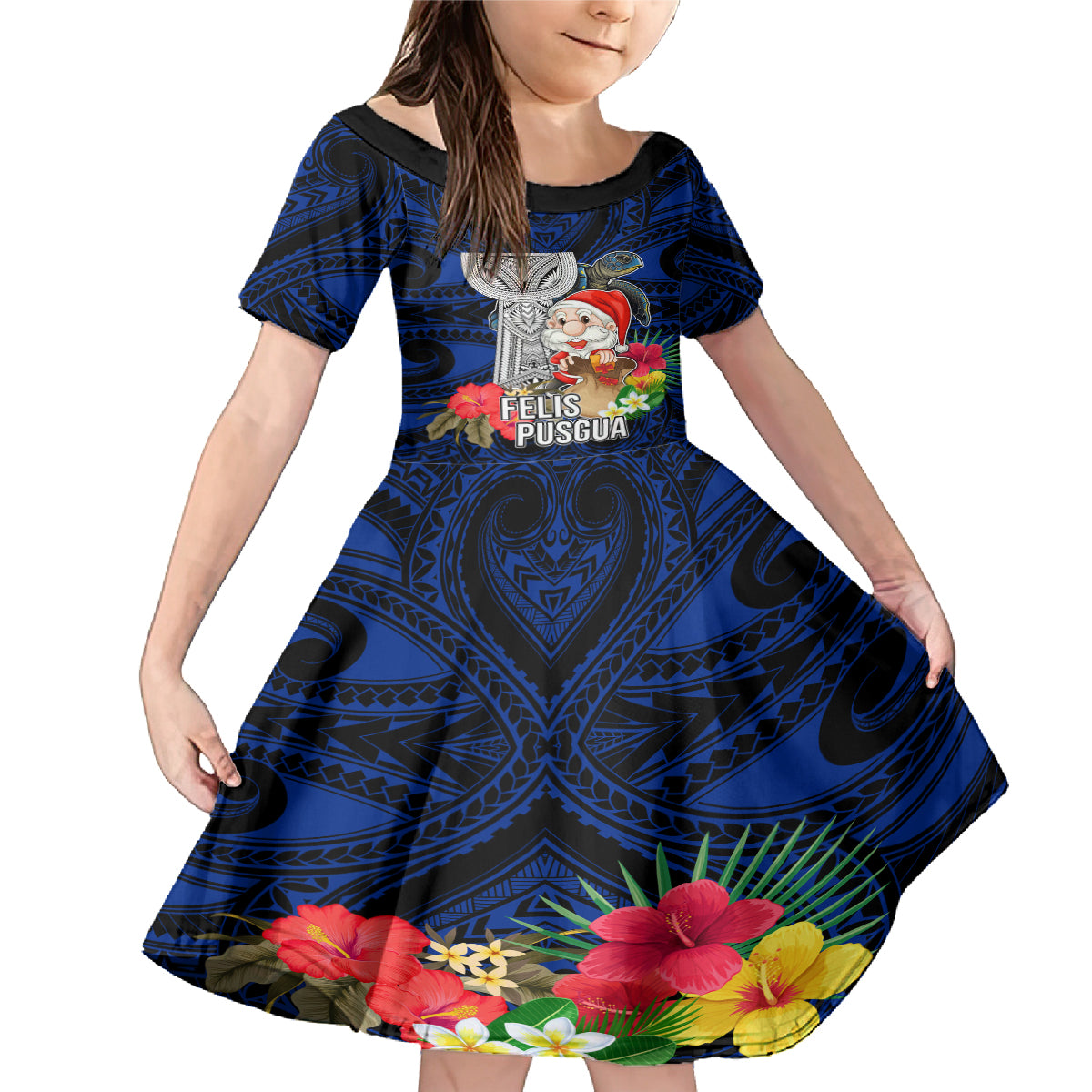 Custom Guam Christmas Family Matching Mermaid Dress and Hawaiian Shirt Santa Gift Latte Stone and Sea Turle Mix Hibiscus Chamorro Blue Style LT03 Daughter's Dress Blue - Polynesian Pride