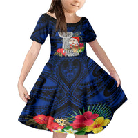 Custom Guam Christmas Family Matching Mermaid Dress and Hawaiian Shirt Santa Gift Latte Stone and Sea Turle Mix Hibiscus Chamorro Blue Style LT03 Daughter's Dress Blue - Polynesian Pride