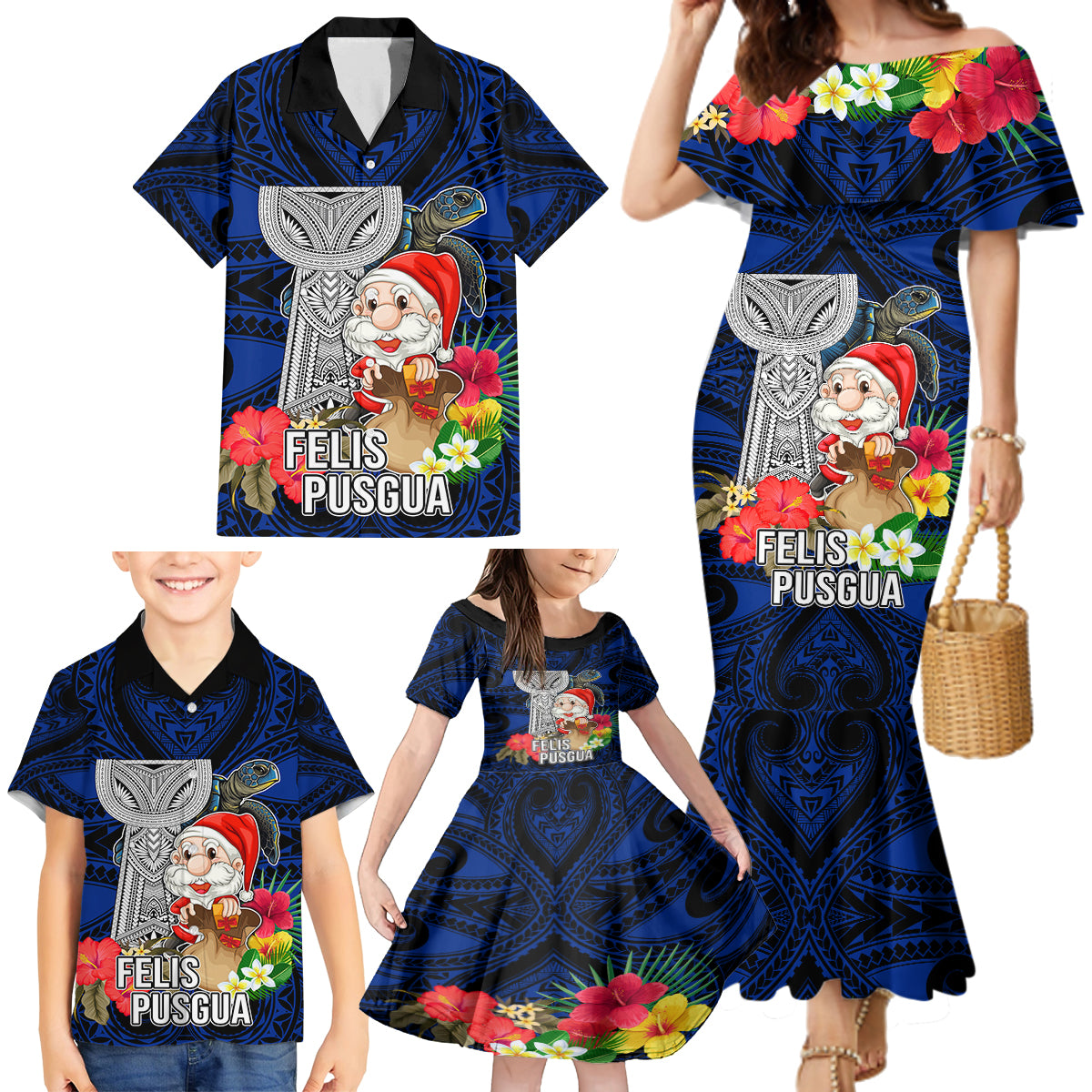 Custom Guam Christmas Family Matching Mermaid Dress and Hawaiian Shirt Santa Gift Latte Stone and Sea Turle Mix Hibiscus Chamorro Blue Style LT03 - Polynesian Pride