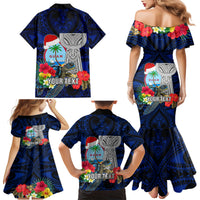 Custom Guam Christmas Family Matching Mermaid Dress and Hawaiian Shirt Santa Gift Latte Stone and Sea Turle Mix Hibiscus Chamorro Blue Style LT03 - Polynesian Pride
