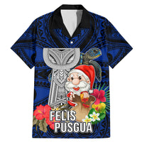 Custom Guam Christmas Family Matching Mermaid Dress and Hawaiian Shirt Santa Gift Latte Stone and Sea Turle Mix Hibiscus Chamorro Blue Style LT03 Dad's Shirt - Short Sleeve Blue - Polynesian Pride