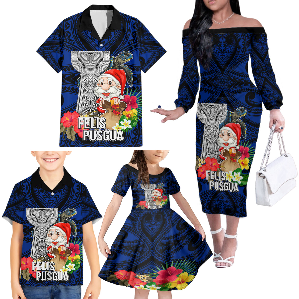 Custom Guam Christmas Family Matching Off Shoulder Long Sleeve Dress and Hawaiian Shirt Santa Gift Latte Stone and Sea Turle Mix Hibiscus Chamorro Blue Style LT03 - Polynesian Pride