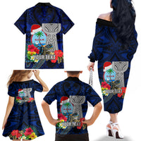 Custom Guam Christmas Family Matching Off Shoulder Long Sleeve Dress and Hawaiian Shirt Santa Gift Latte Stone and Sea Turle Mix Hibiscus Chamorro Blue Style LT03 - Polynesian Pride