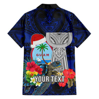 Custom Guam Christmas Family Matching Off Shoulder Long Sleeve Dress and Hawaiian Shirt Santa Gift Latte Stone and Sea Turle Mix Hibiscus Chamorro Blue Style LT03 - Polynesian Pride