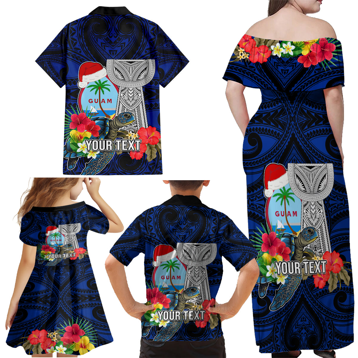 Custom Guam Christmas Family Matching Off Shoulder Maxi Dress and Hawaiian Shirt Santa Gift Latte Stone and Sea Turle Mix Hibiscus Chamorro Blue Style LT03 - Polynesian Pride