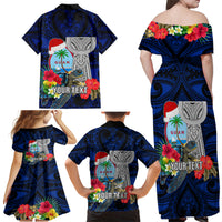 Custom Guam Christmas Family Matching Off Shoulder Maxi Dress and Hawaiian Shirt Santa Gift Latte Stone and Sea Turle Mix Hibiscus Chamorro Blue Style LT03 - Polynesian Pride