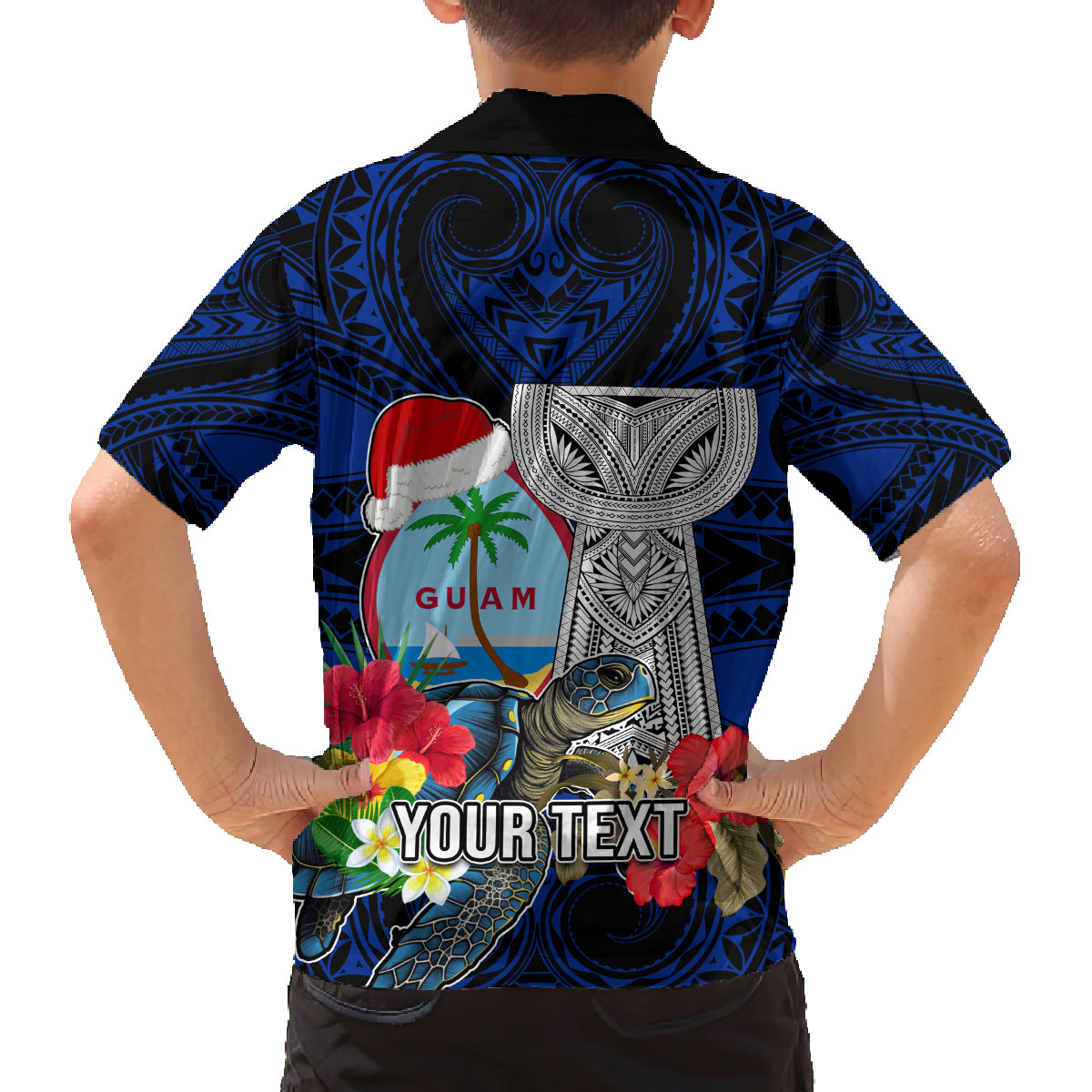 Custom Guam Christmas Family Matching Off Shoulder Short Dress and Hawaiian Shirt Santa Gift Latte Stone and Sea Turle Mix Hibiscus Chamorro Blue Style LT03 - Polynesian Pride