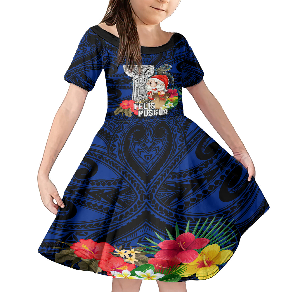 Custom Guam Christmas Family Matching Off Shoulder Short Dress and Hawaiian Shirt Santa Gift Latte Stone and Sea Turle Mix Hibiscus Chamorro Blue Style LT03 Daughter's Dress Blue - Polynesian Pride
