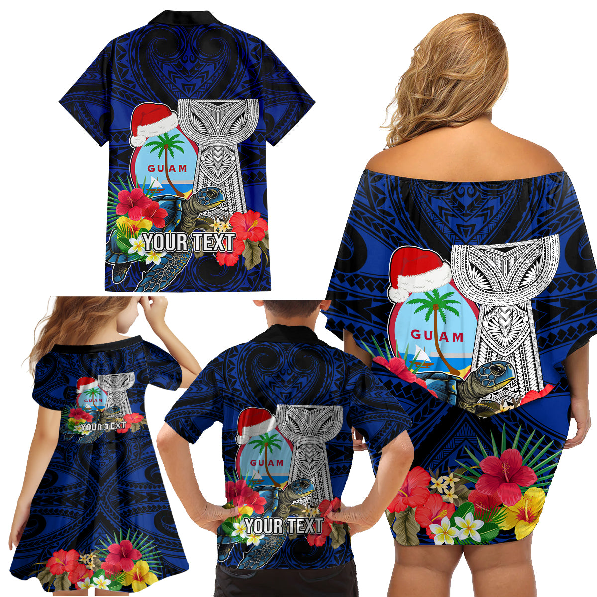 Custom Guam Christmas Family Matching Off Shoulder Short Dress and Hawaiian Shirt Santa Gift Latte Stone and Sea Turle Mix Hibiscus Chamorro Blue Style LT03 - Polynesian Pride