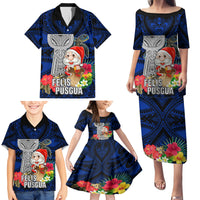 Custom Guam Christmas Family Matching Puletasi Dress and Hawaiian Shirt Santa Gift Latte Stone and Sea Turle Mix Hibiscus Chamorro Blue Style LT03 - Polynesian Pride
