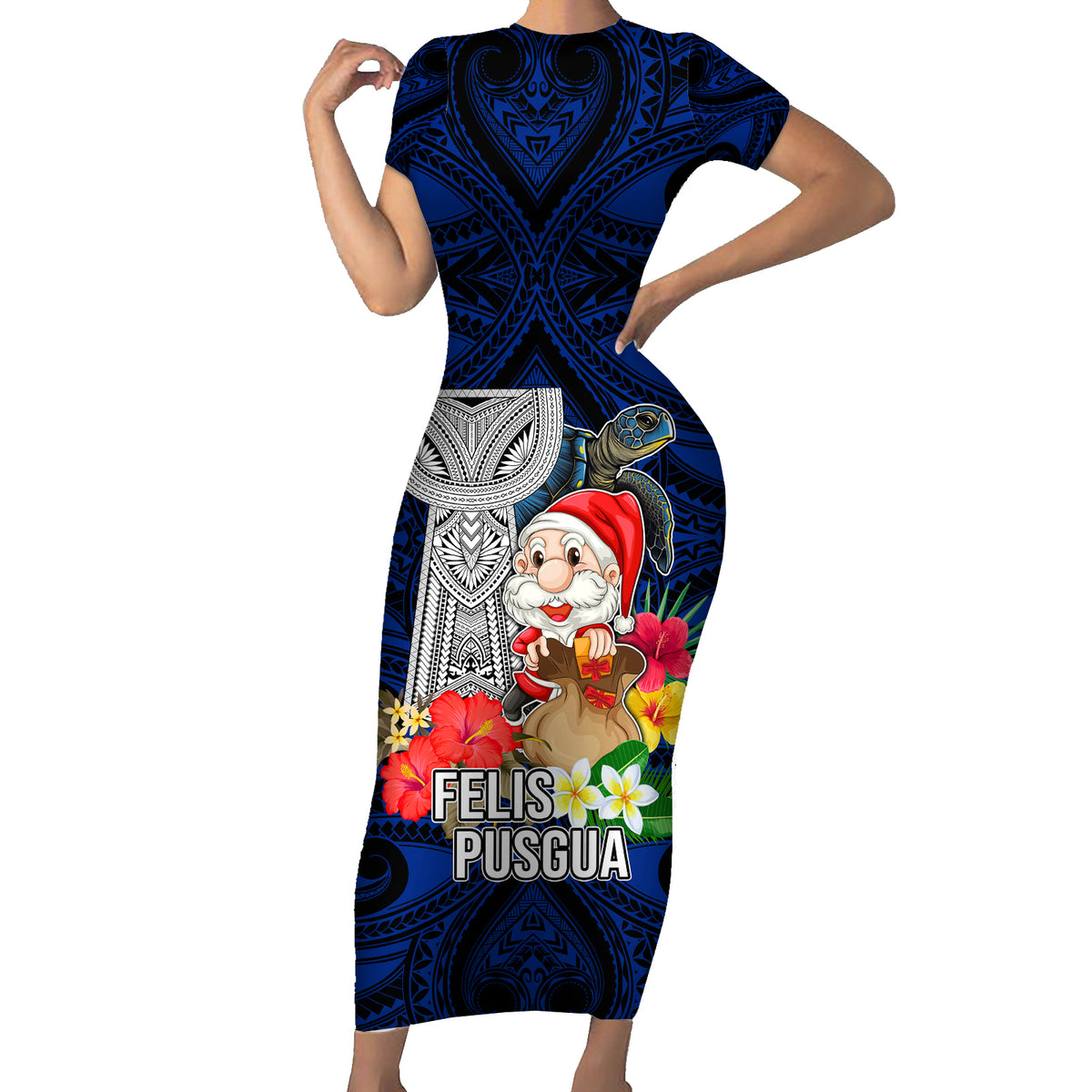 Custom Guam Christmas Family Matching Short Sleeve Bodycon Dress and Hawaiian Shirt Santa Gift Latte Stone and Sea Turle Mix Hibiscus Chamorro Blue Style LT03 Mom's Dress Blue - Polynesian Pride