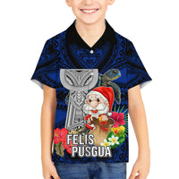 Custom Guam Christmas Family Matching Short Sleeve Bodycon Dress and Hawaiian Shirt Santa Gift Latte Stone and Sea Turle Mix Hibiscus Chamorro Blue Style LT03 Son's Shirt Blue - Polynesian Pride