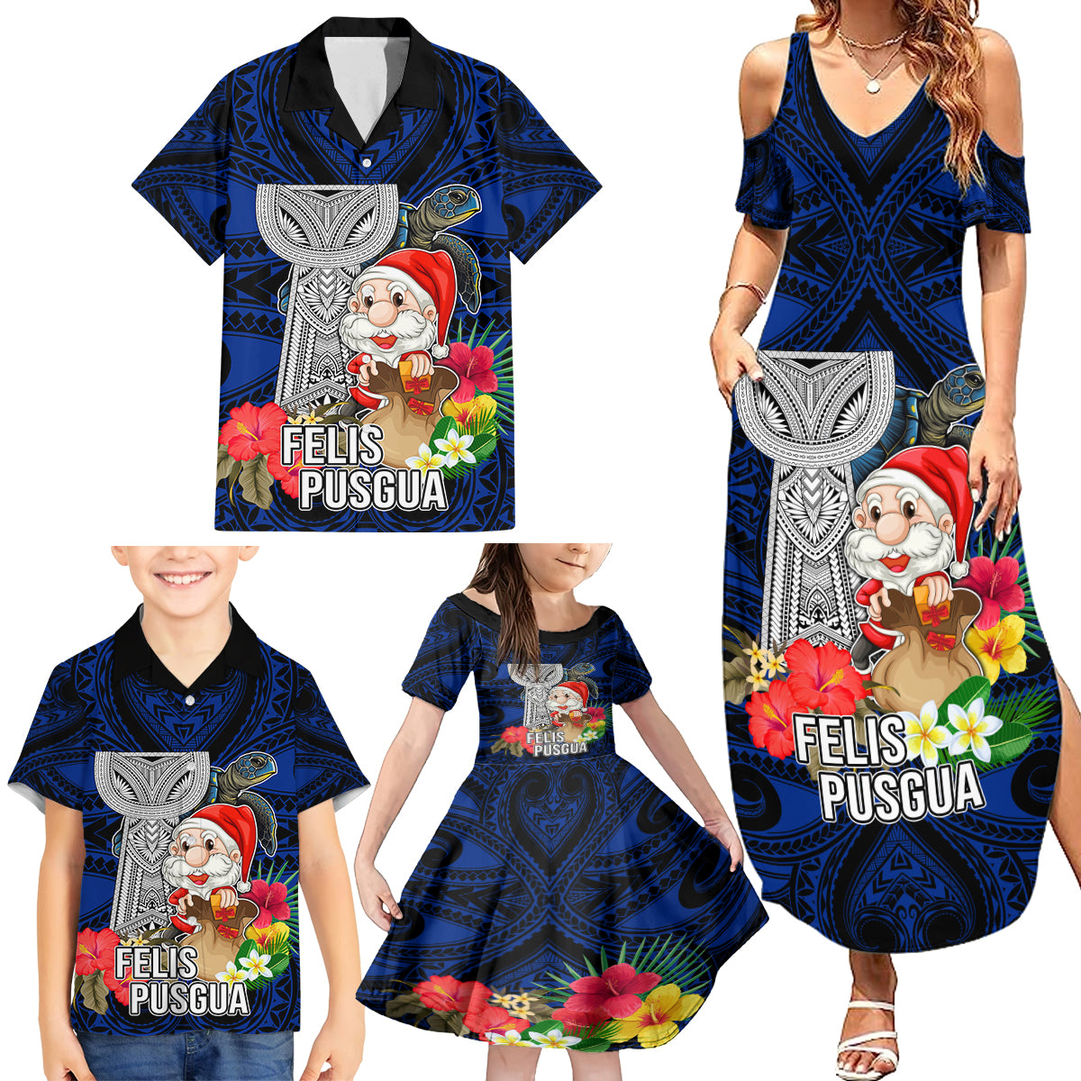 Custom Guam Christmas Family Matching Summer Maxi Dress and Hawaiian Shirt Santa Gift Latte Stone and Sea Turle Mix Hibiscus Chamorro Blue Style LT03 - Polynesian Pride