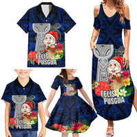 Custom Guam Christmas Family Matching Summer Maxi Dress and Hawaiian Shirt Santa Gift Latte Stone and Sea Turle Mix Hibiscus Chamorro Blue Style LT03 - Polynesian Pride