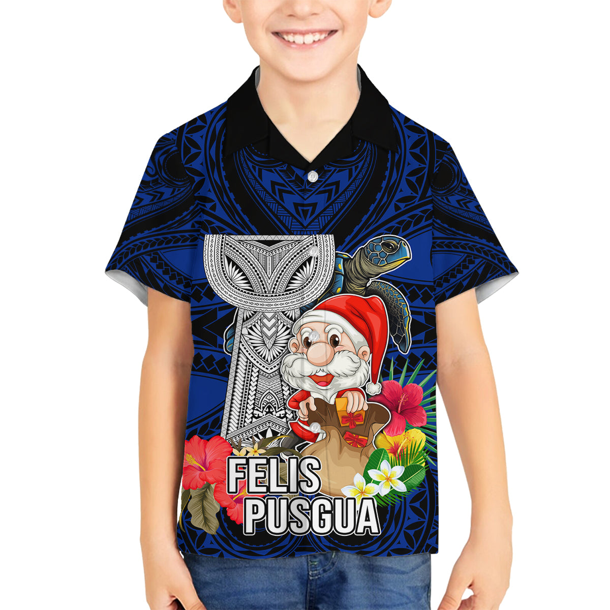 Custom Guam Christmas Family Matching Tank Maxi Dress and Hawaiian Shirt Santa Gift Latte Stone and Sea Turle Mix Hibiscus Chamorro Blue Style LT03 Son's Shirt Blue - Polynesian Pride