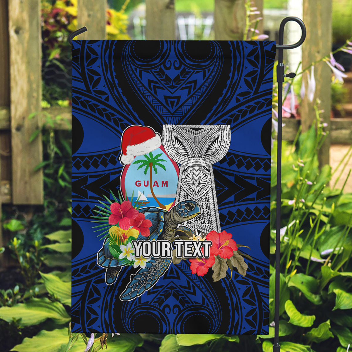 Custom Guam Christmas Garden Flag Santa Gift Latte Stone and Sea Turle Mix Hibiscus Chamorro Blue Style LT03 Garden Flag red - Polynesian Pride
