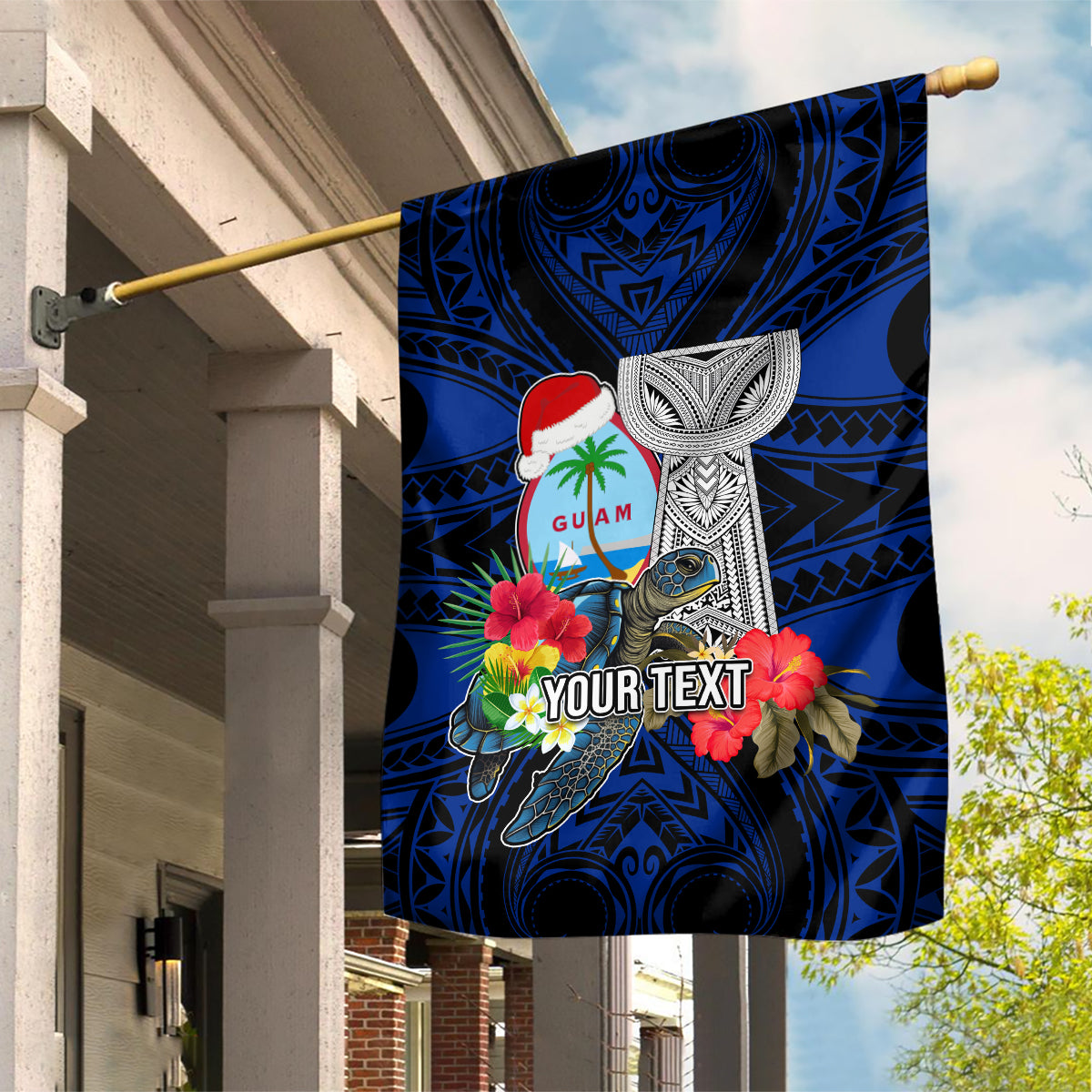 Custom Guam Christmas Garden Flag Santa Gift Latte Stone and Sea Turle Mix Hibiscus Chamorro Blue Style LT03 House Flag red - Polynesian Pride