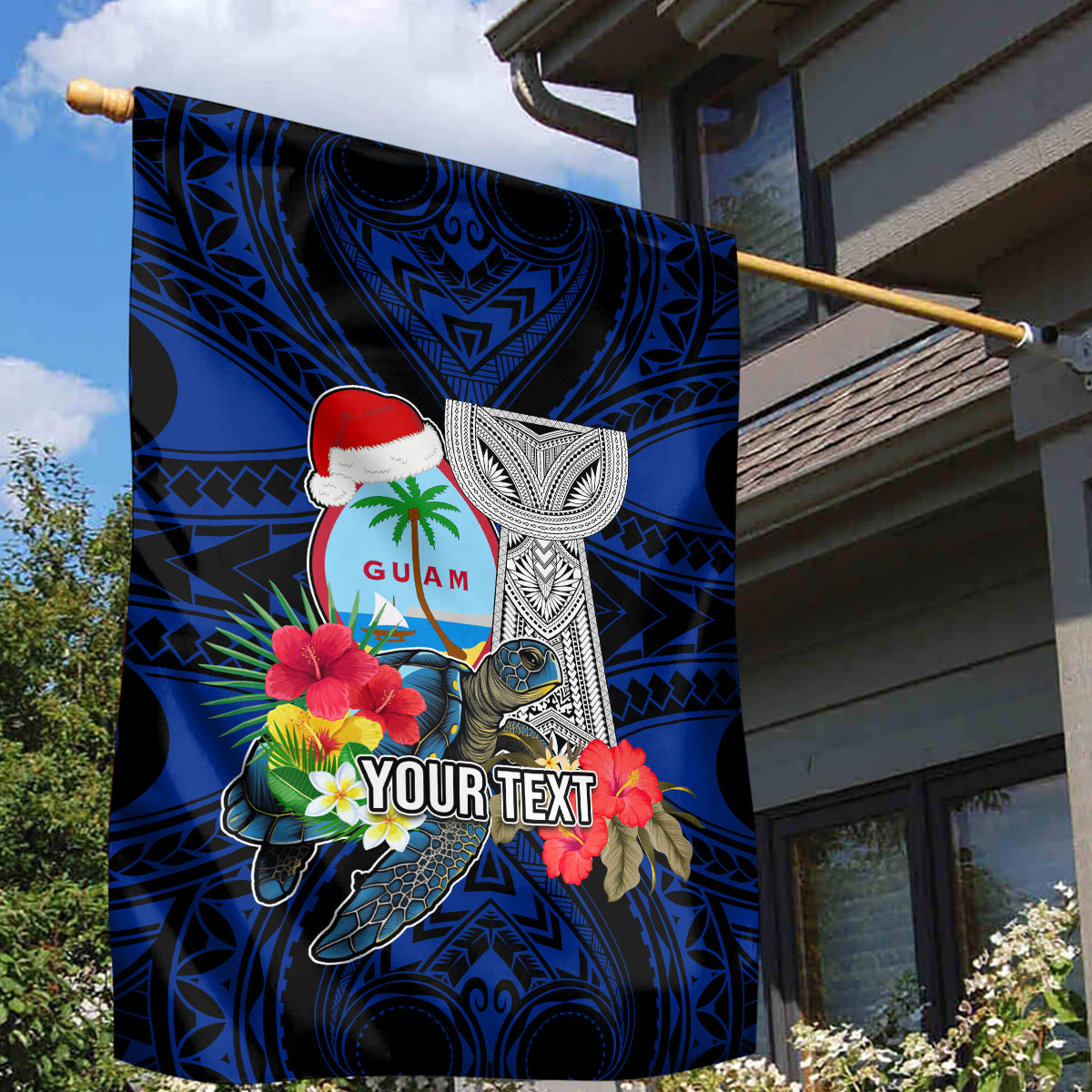 Custom Guam Christmas Garden Flag Santa Gift Latte Stone and Sea Turle Mix Hibiscus Chamorro Blue Style LT03 - Polynesian Pride