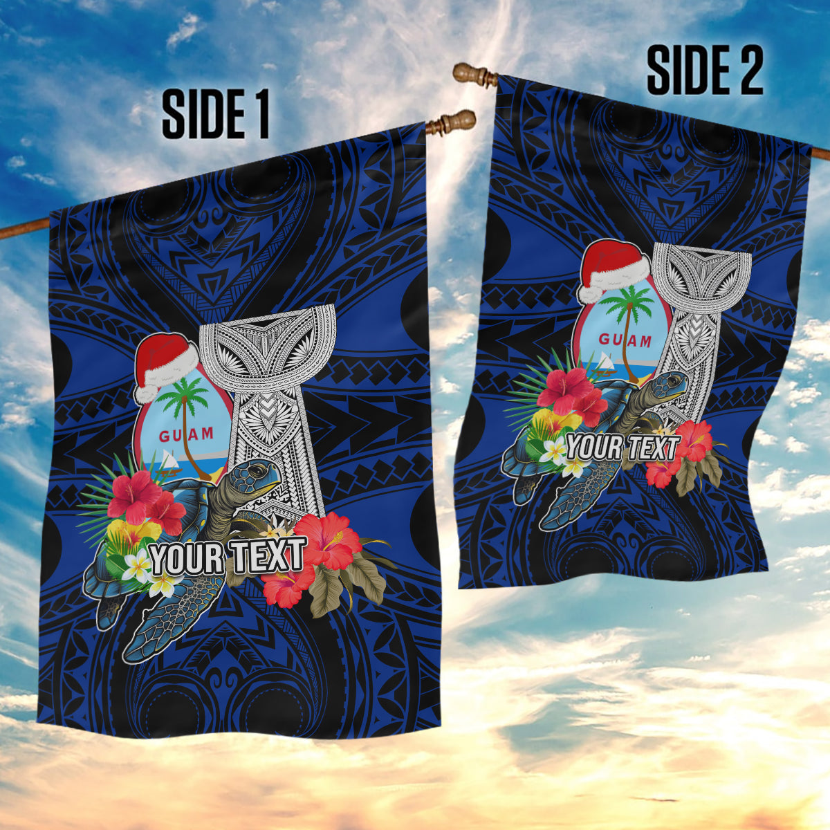 Custom Guam Christmas Garden Flag Santa Gift Latte Stone and Sea Turle Mix Hibiscus Chamorro Blue Style LT03 - Polynesian Pride