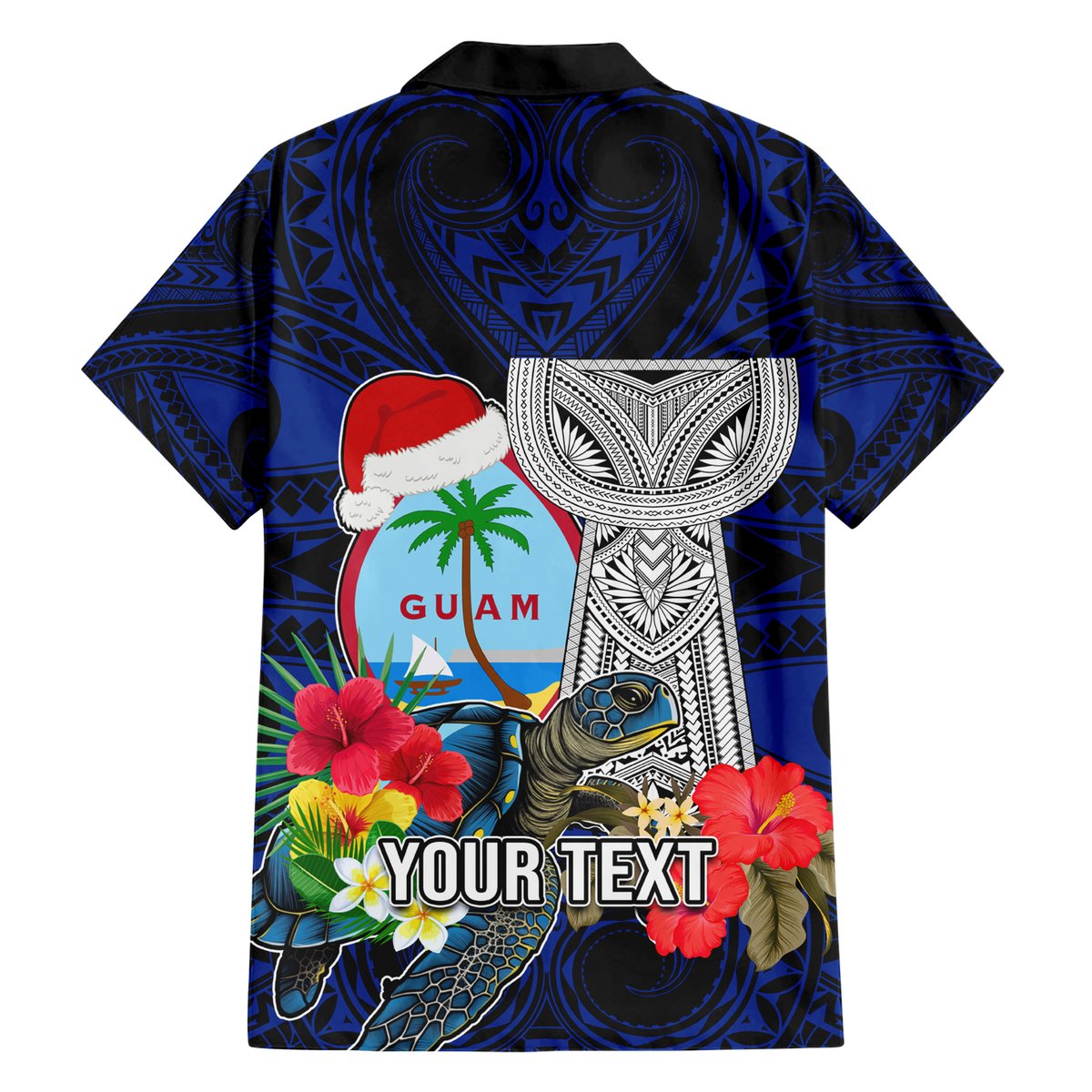 Custom Guam Christmas Hawaiian Shirt Santa Gift Latte Stone and Sea Turle Mix Hibiscus Chamorro Blue Style LT03 - Polynesian Pride