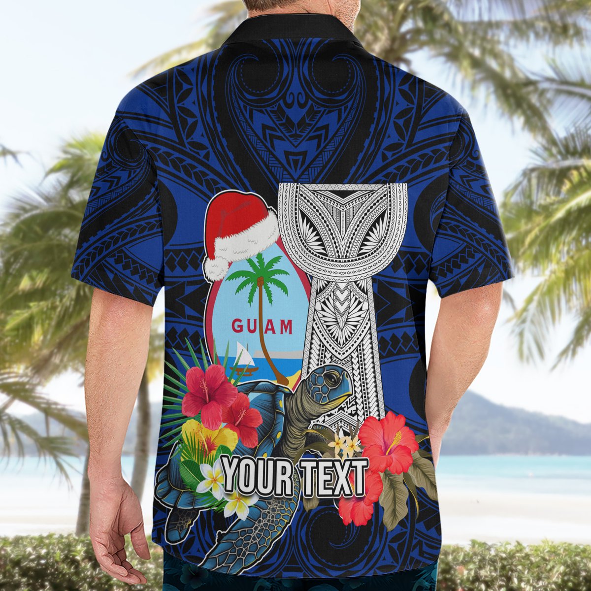 Custom Guam Christmas Hawaiian Shirt Santa Gift Latte Stone and Sea Turle Mix Hibiscus Chamorro Blue Style LT03 - Polynesian Pride