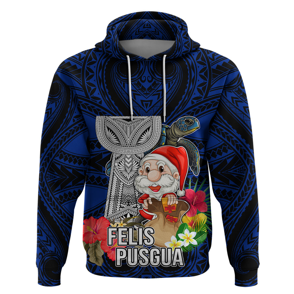 Custom Guam Christmas Hoodie Santa Gift Latte Stone and Sea Turle Mix Hibiscus Chamorro Blue Style LT03 Pullover Hoodie Blue - Polynesian Pride