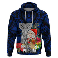 Custom Guam Christmas Hoodie Santa Gift Latte Stone and Sea Turle Mix Hibiscus Chamorro Blue Style LT03 Pullover Hoodie Blue - Polynesian Pride
