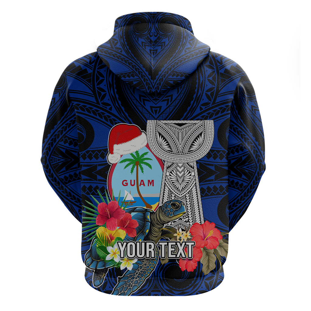 Custom Guam Christmas Hoodie Santa Gift Latte Stone and Sea Turle Mix Hibiscus Chamorro Blue Style LT03 - Polynesian Pride