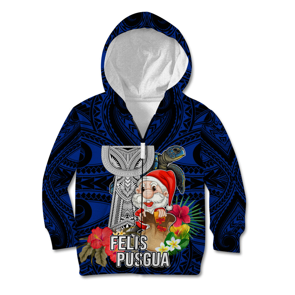 Custom Guam Christmas Kid Hoodie Santa Gift Latte Stone and Sea Turle Mix Hibiscus Chamorro Blue Style LT03 Zip Hoodie Blue - Polynesian Pride