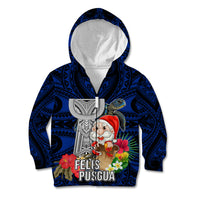 Custom Guam Christmas Kid Hoodie Santa Gift Latte Stone and Sea Turle Mix Hibiscus Chamorro Blue Style LT03 Zip Hoodie Blue - Polynesian Pride