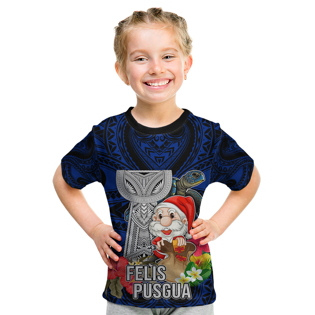 Custom Guam Christmas Kid T Shirt Santa Gift Latte Stone and Sea Turle Mix Hibiscus Chamorro Blue Style LT03 Blue - Polynesian Pride