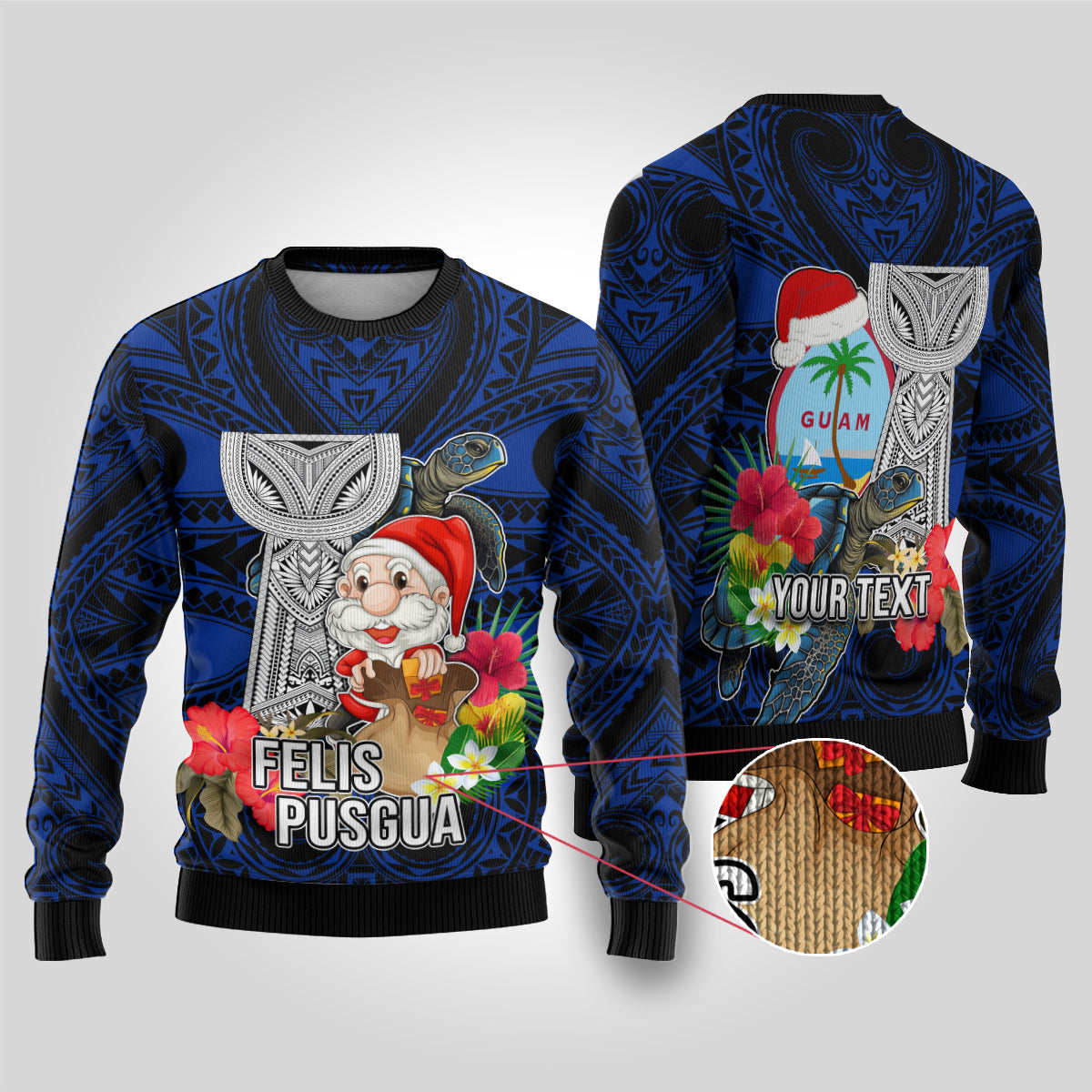 Custom Guam Christmas Ugly Christmas Sweater Santa Gift Latte Stone and Sea Turle Mix Hibiscus Chamorro Blue Style LT03 Blue - Polynesian Pride