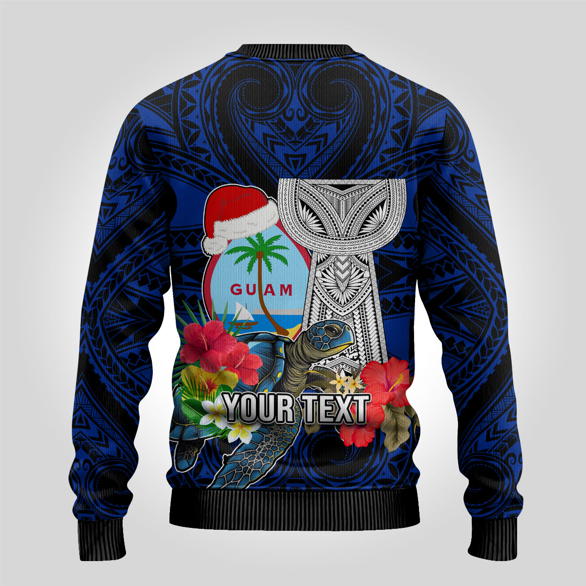 Custom Guam Christmas Ugly Christmas Sweater Santa Gift Latte Stone and Sea Turle Mix Hibiscus Chamorro Blue Style LT03 - Polynesian Pride