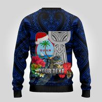 Custom Guam Christmas Ugly Christmas Sweater Santa Gift Latte Stone and Sea Turle Mix Hibiscus Chamorro Blue Style LT03 - Polynesian Pride