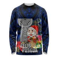 Custom Guam Christmas Long Sleeve Shirt Santa Gift Latte Stone and Sea Turle Mix Hibiscus Chamorro Blue Style LT03 Unisex Blue - Polynesian Pride
