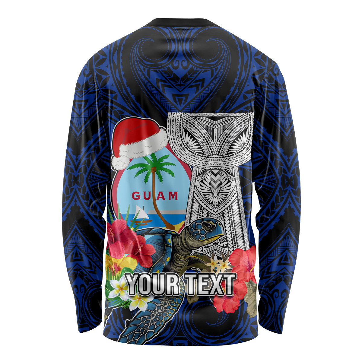 Custom Guam Christmas Long Sleeve Shirt Santa Gift Latte Stone and Sea Turle Mix Hibiscus Chamorro Blue Style LT03 - Polynesian Pride
