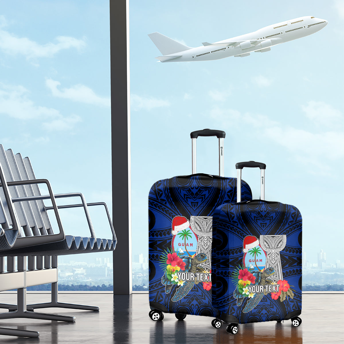 Custom Guam Christmas Luggage Cover Santa Gift Latte Stone and Sea Turle Mix Hibiscus Chamorro Blue Style LT03 - Polynesian Pride