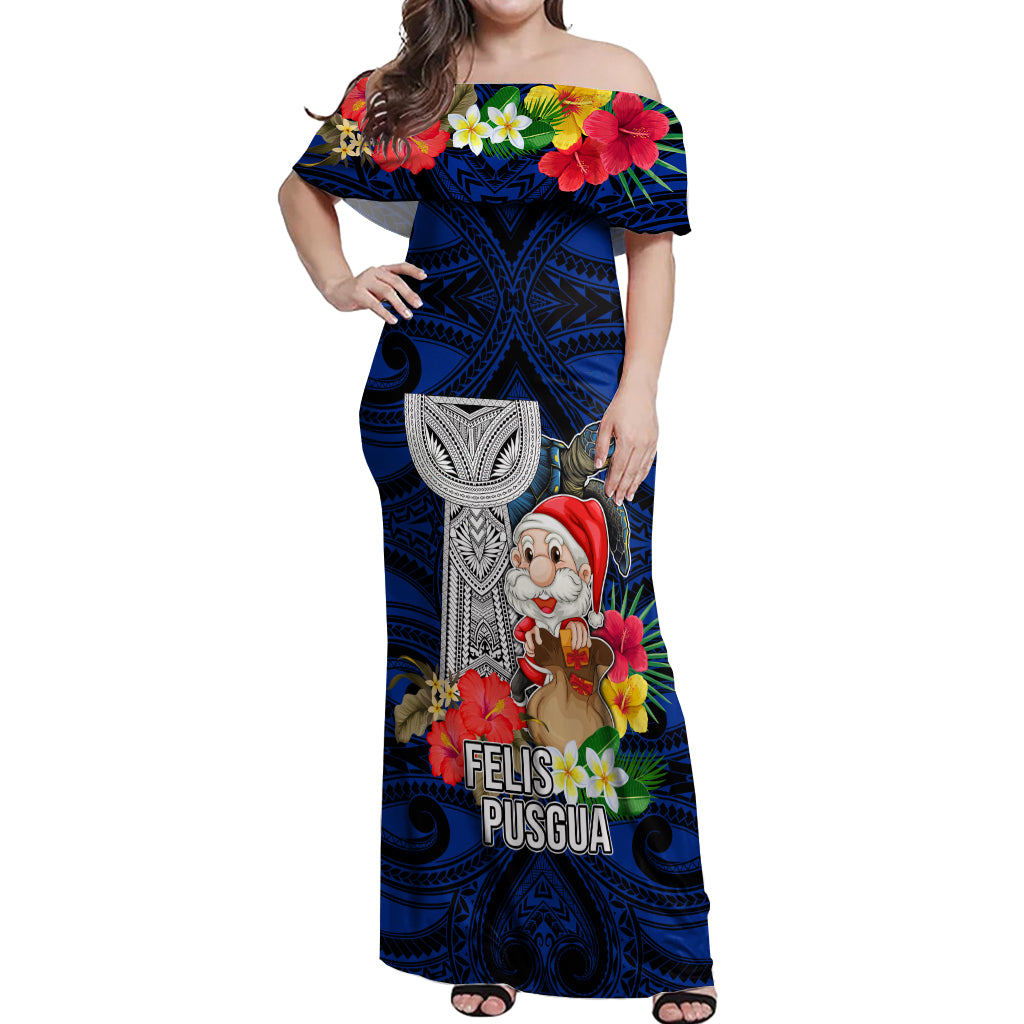 Custom Guam Christmas Off Shoulder Maxi Dress Santa Gift Latte Stone and Sea Turle Mix Hibiscus Chamorro Blue Style LT03 Women Blue - Polynesian Pride