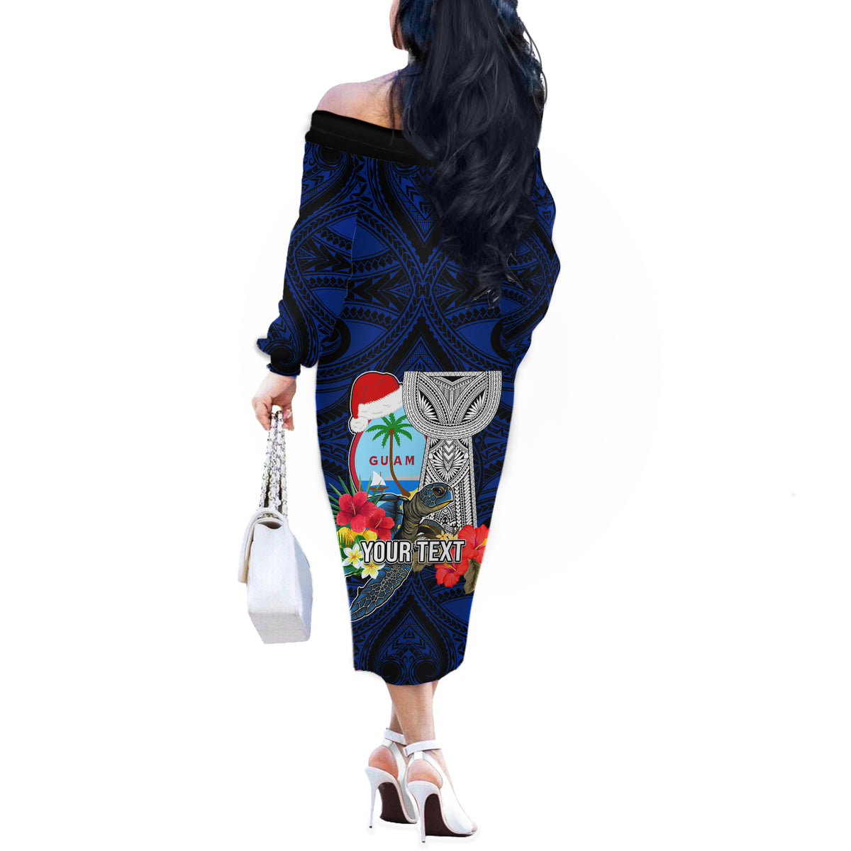 Custom Guam Christmas Off The Shoulder Long Sleeve Dress Santa Gift Latte Stone and Sea Turle Mix Hibiscus Chamorro Blue Style LT03 - Polynesian Pride