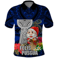Custom Guam Christmas Polo Shirt Santa Gift Latte Stone and Sea Turle Mix Hibiscus Chamorro Blue Style LT03 Blue - Polynesian Pride