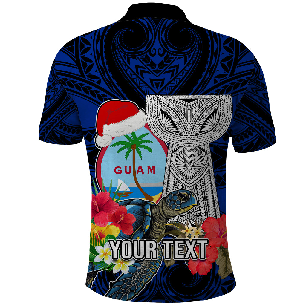 Custom Guam Christmas Polo Shirt Santa Gift Latte Stone and Sea Turle Mix Hibiscus Chamorro Blue Style LT03 - Polynesian Pride
